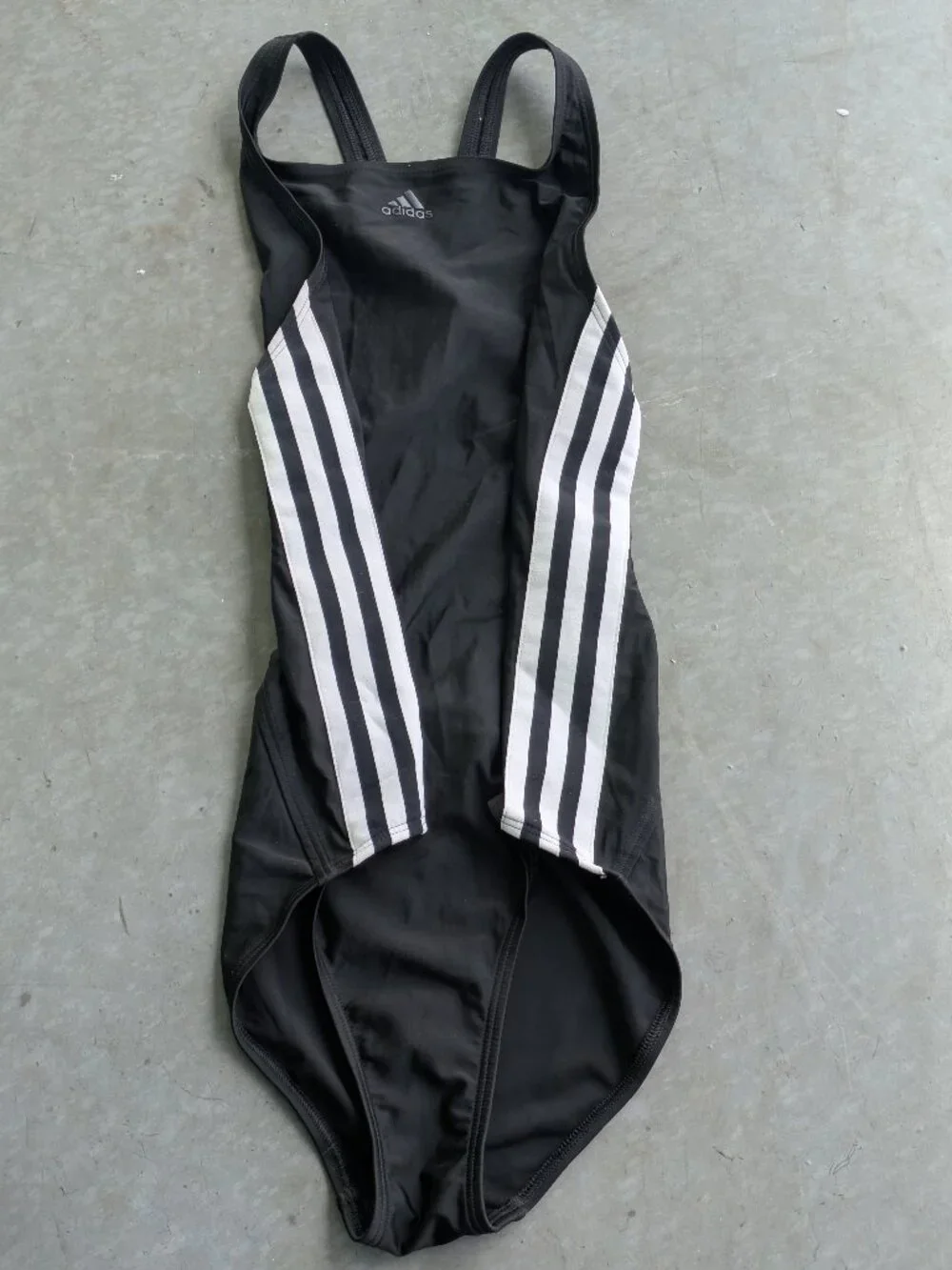 Adidas One Piece Black Athletic Swimsuit with White Side Striped Girls 14-16 Y